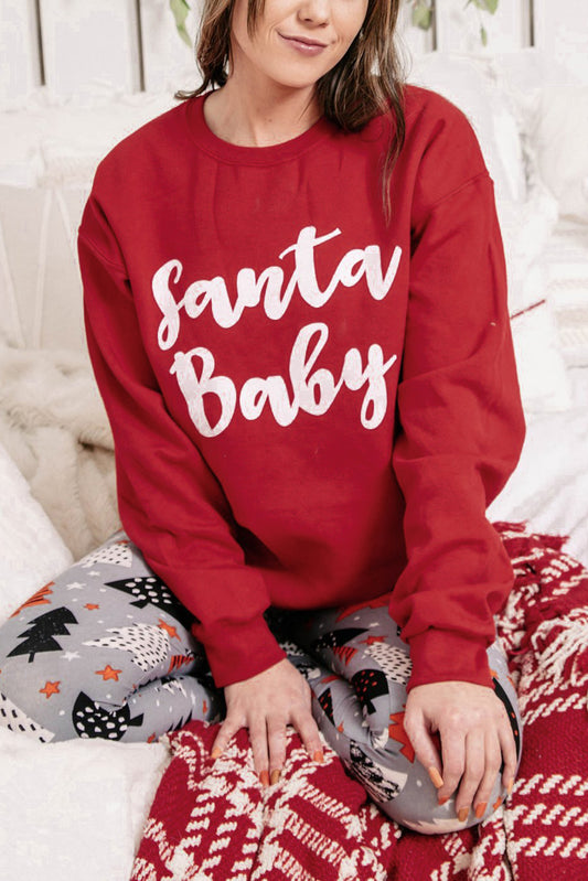 Red Santa Baby Print Crew Neck Pullover Sweatshirt