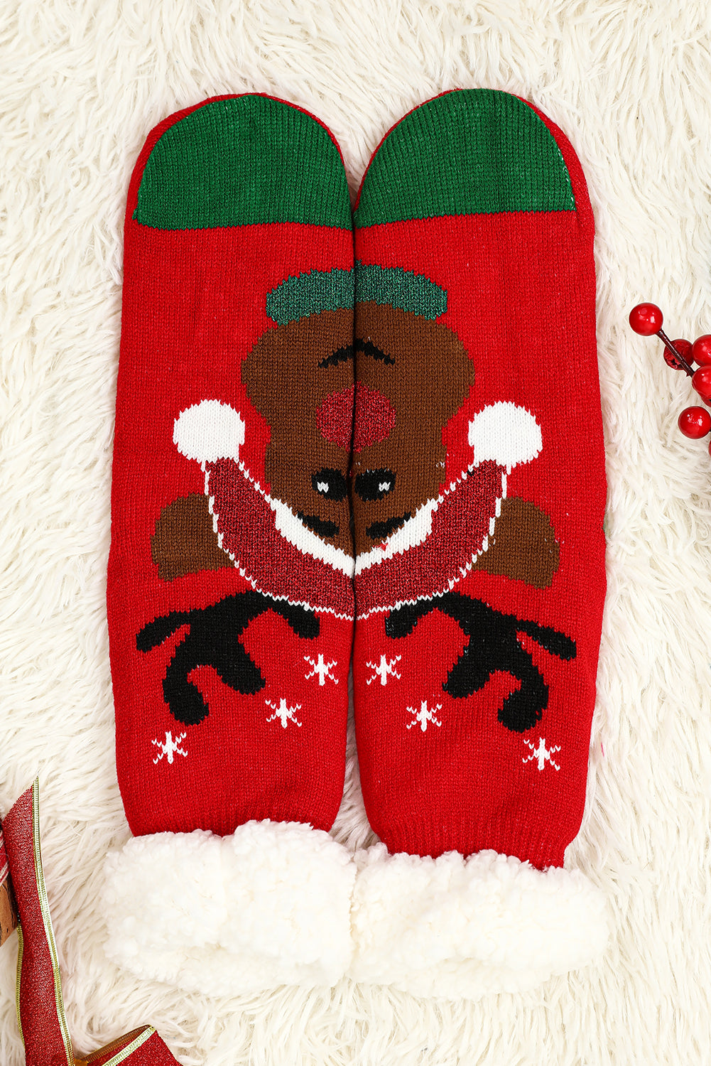 Fiery Red Christmas Tree Pattern Thermal Socks