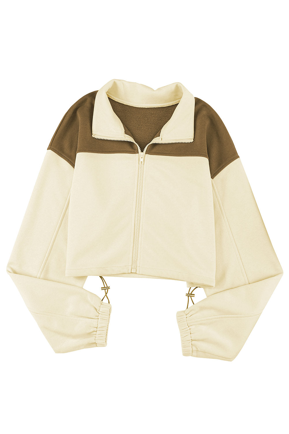 Beige Color Block Drawstring Cropped Athleisure Jacket