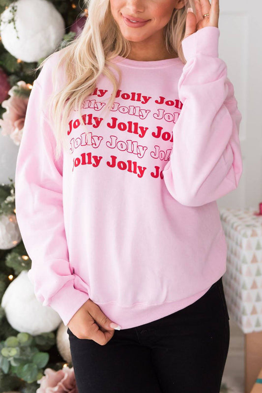 Pink Christmas Jolly Letter Print Pullover Sweatshirt
