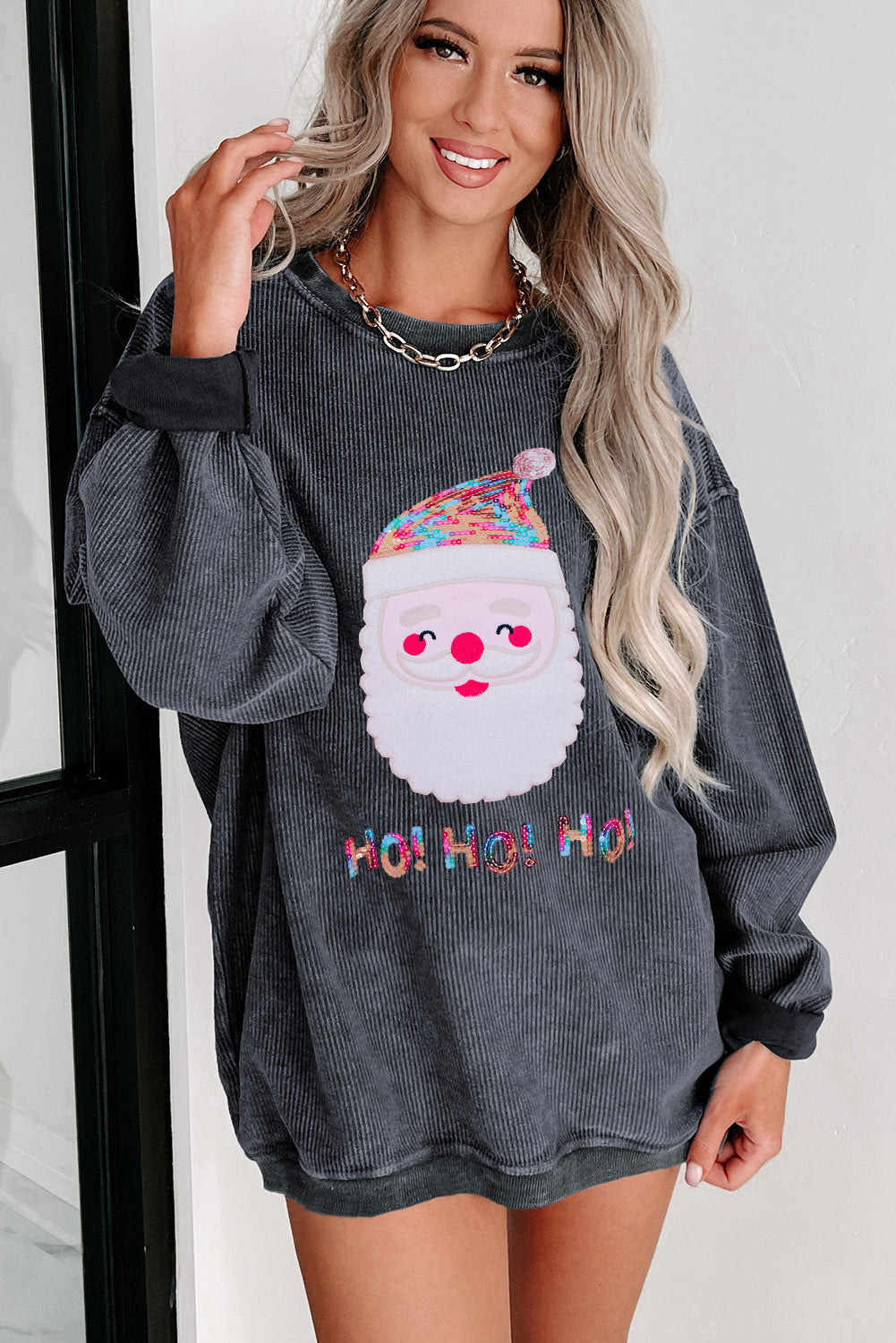 Gray Sequin HO HO HO Santa Claus Graphic Corded Sweatshirt