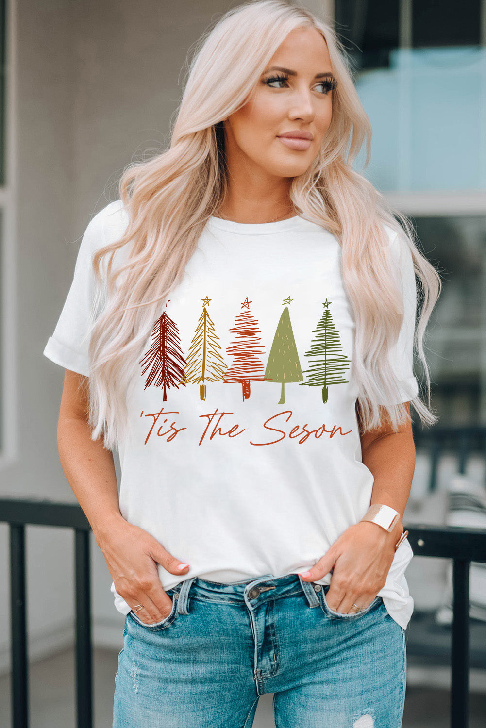 White Cute Christmas Trees Print Crew Neck T Shirt