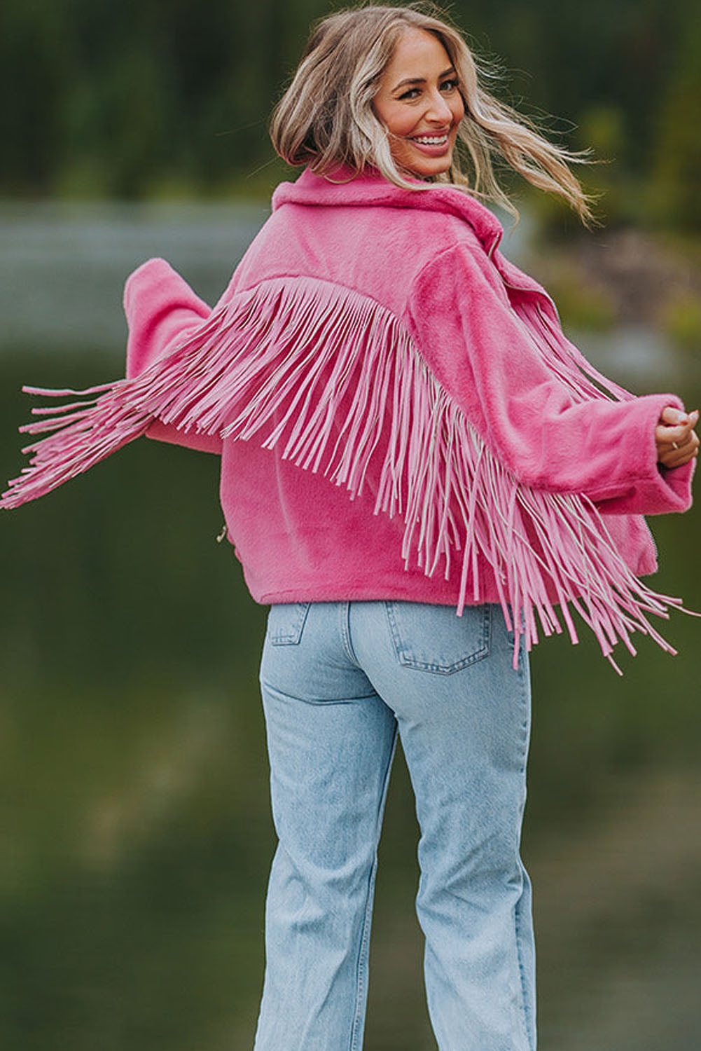 Pink Fringed Full Zipper Fleece Jacket