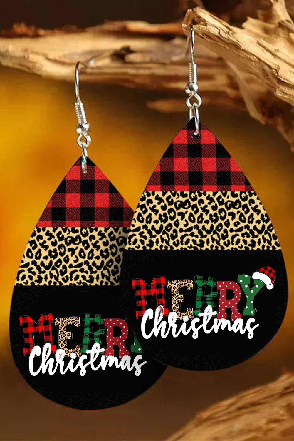 Black Merry Christmas Leopard Plaid Drop Earrings