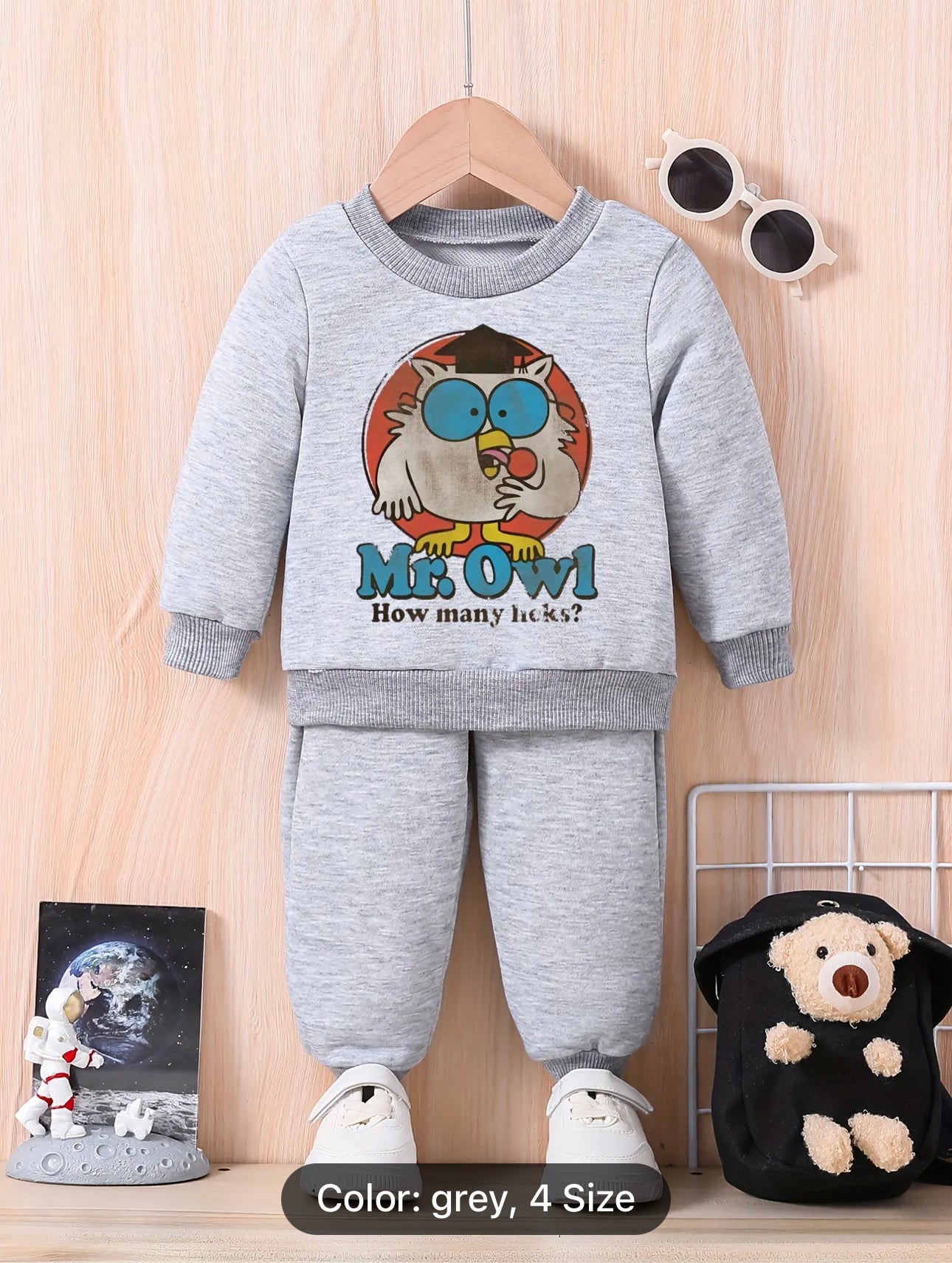 Kids Mr. Owl Cartoon Print Round Neck Sweatshirt And Pants, Fashion Suit For Spring And Autumn