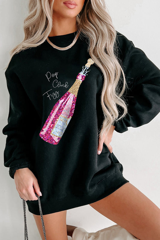 Black New Year Champagne Print Pullover Sweatshirt