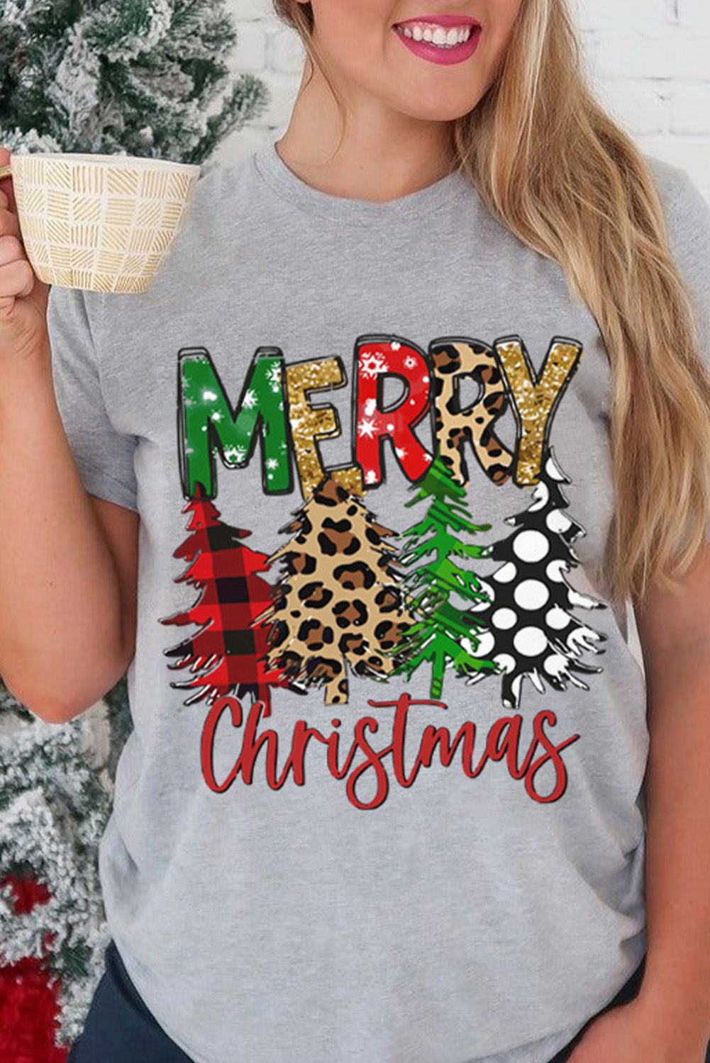 Merry Christmas Tree Pattern Print Crew Neck Graphic Tee