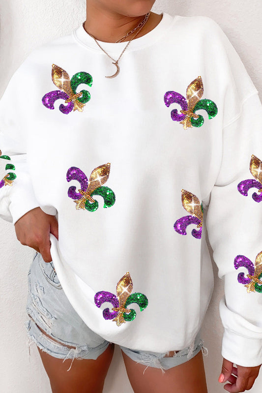 White Sequin Carnival Graphic Pullover Sweatshirt