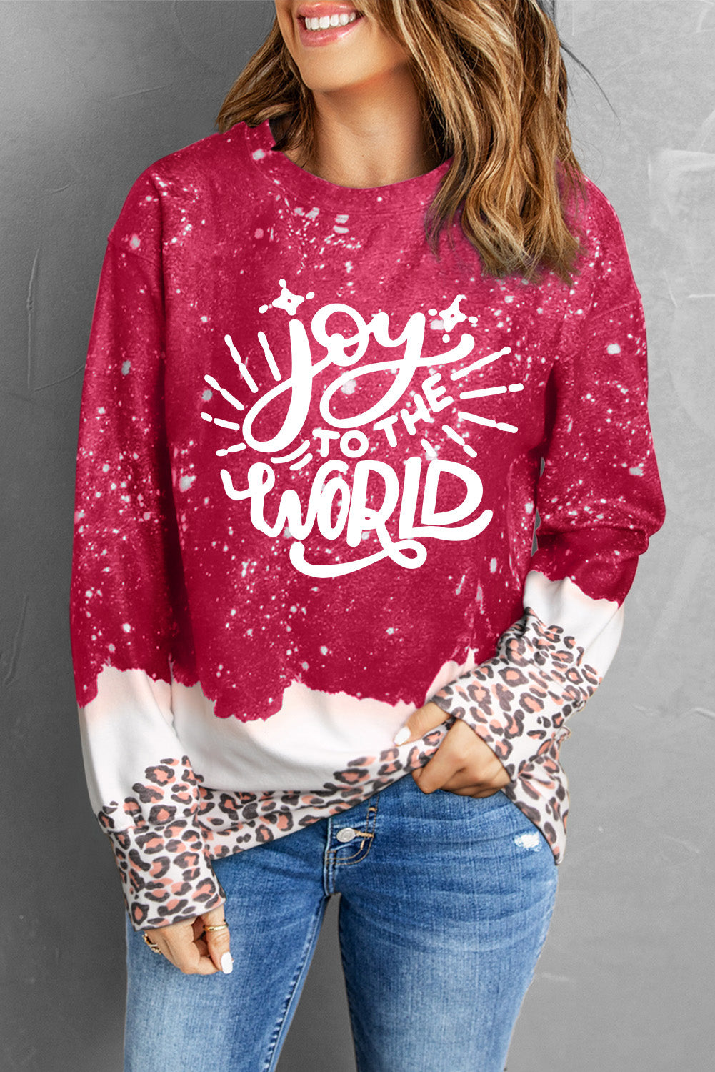 Red Joy To The World Leopard Print Loose Sweatshirt