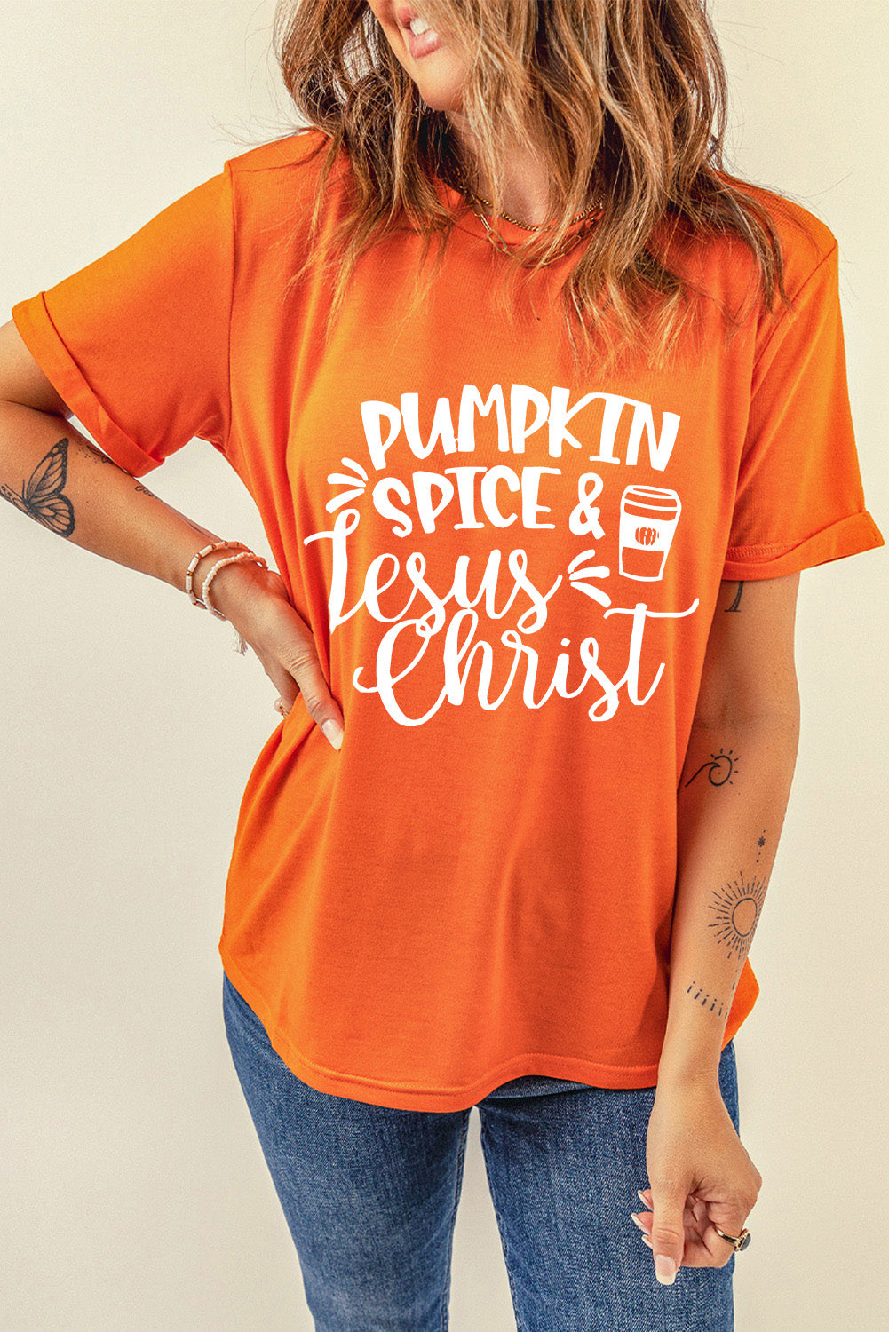 Orange PUMPKIN SPICE & Jesus Christ Graphic T-shirt