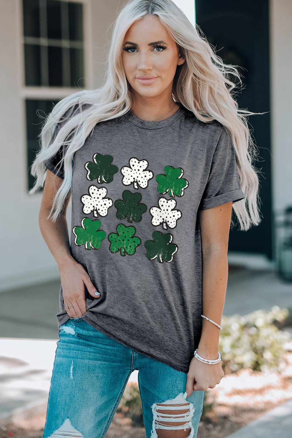Gray Dotted Clovers Print Round Neck T Shirt