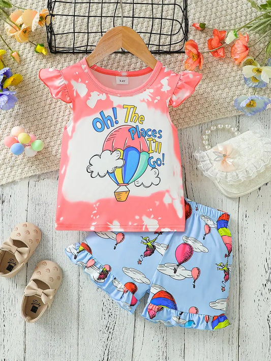 Girls Cute 2pcs Ruffle Sleeve Top & Full Print Shorts Set With Hot Air Balloons Print, Casual Outfit Summer Clothes