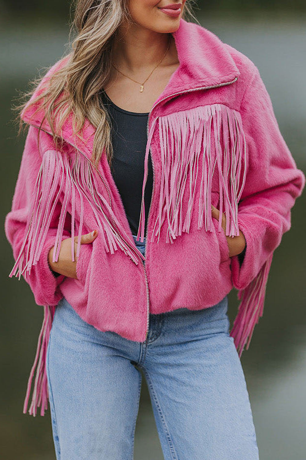 Pink Fringed Full Zipper Fleece Jacket