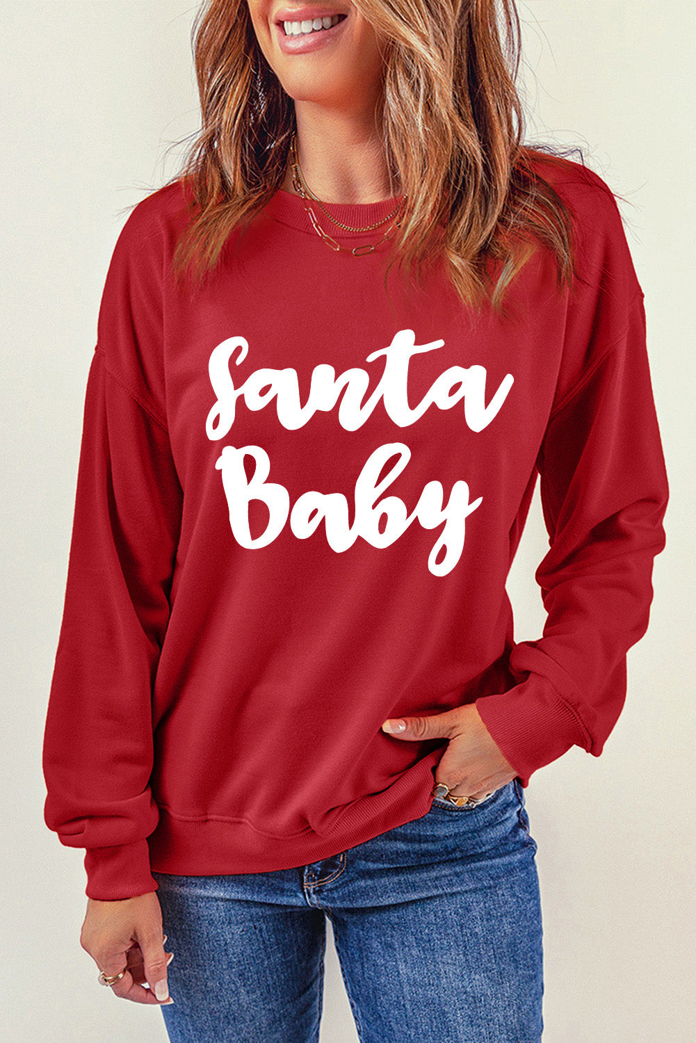 Red Santa Baby Print Crew Neck Pullover Sweatshirt