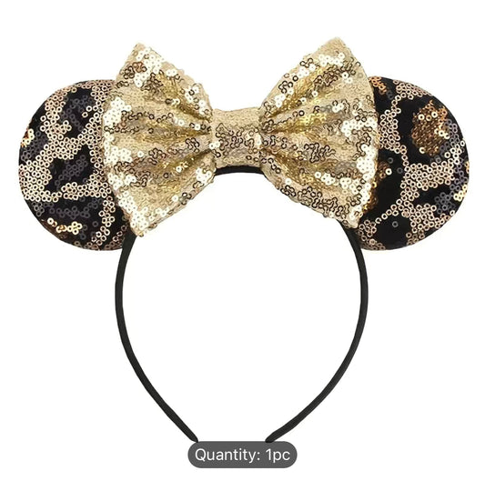 Mouse Ears Headbands Shiny Bows Mouse Ears Glitter Party Princess Decoration Cosplay Costume For Girls Women (Leopard/Gold)