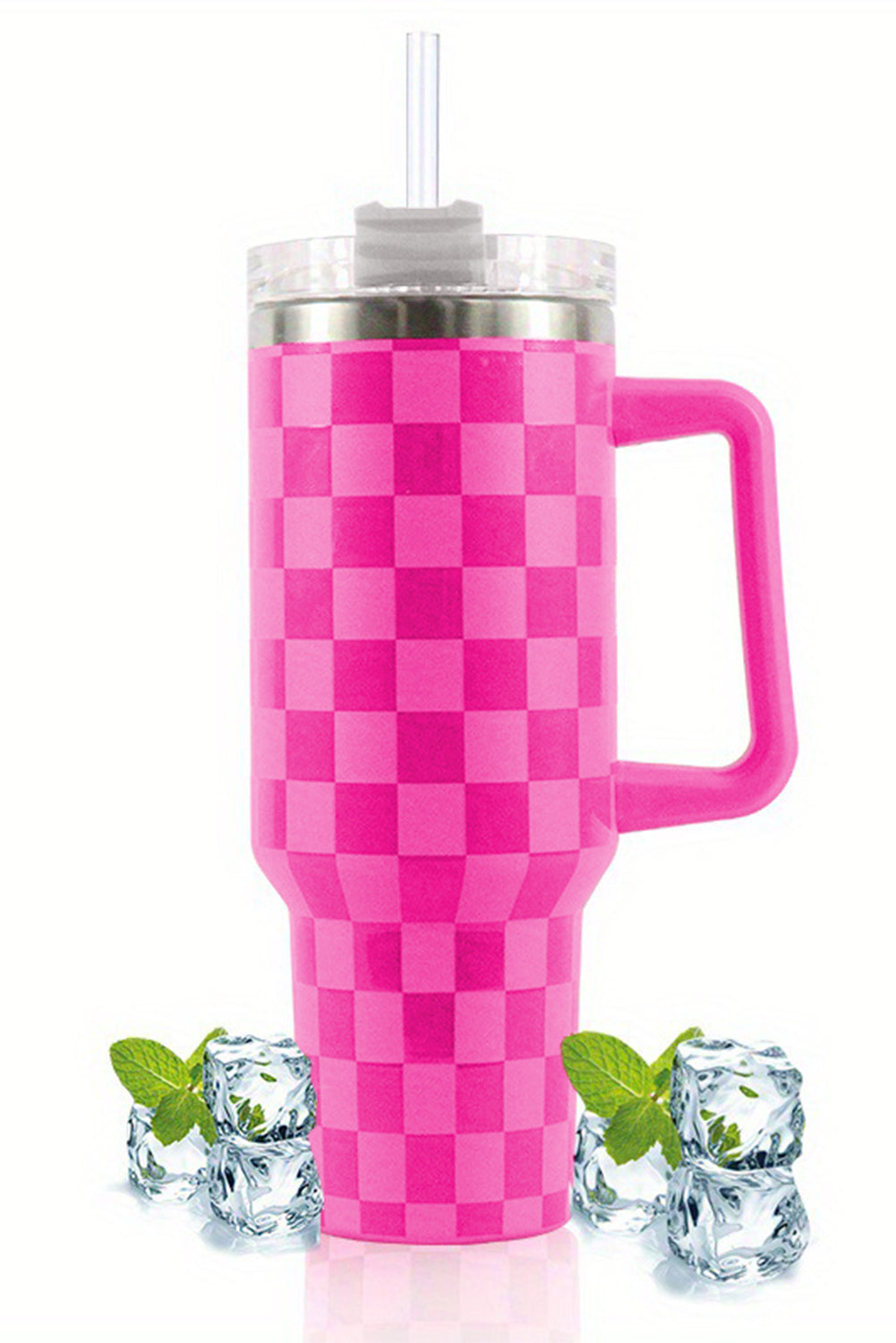 Dark Pink Checkered Print Handled Stainless Steel Tumbler Cup 40oz