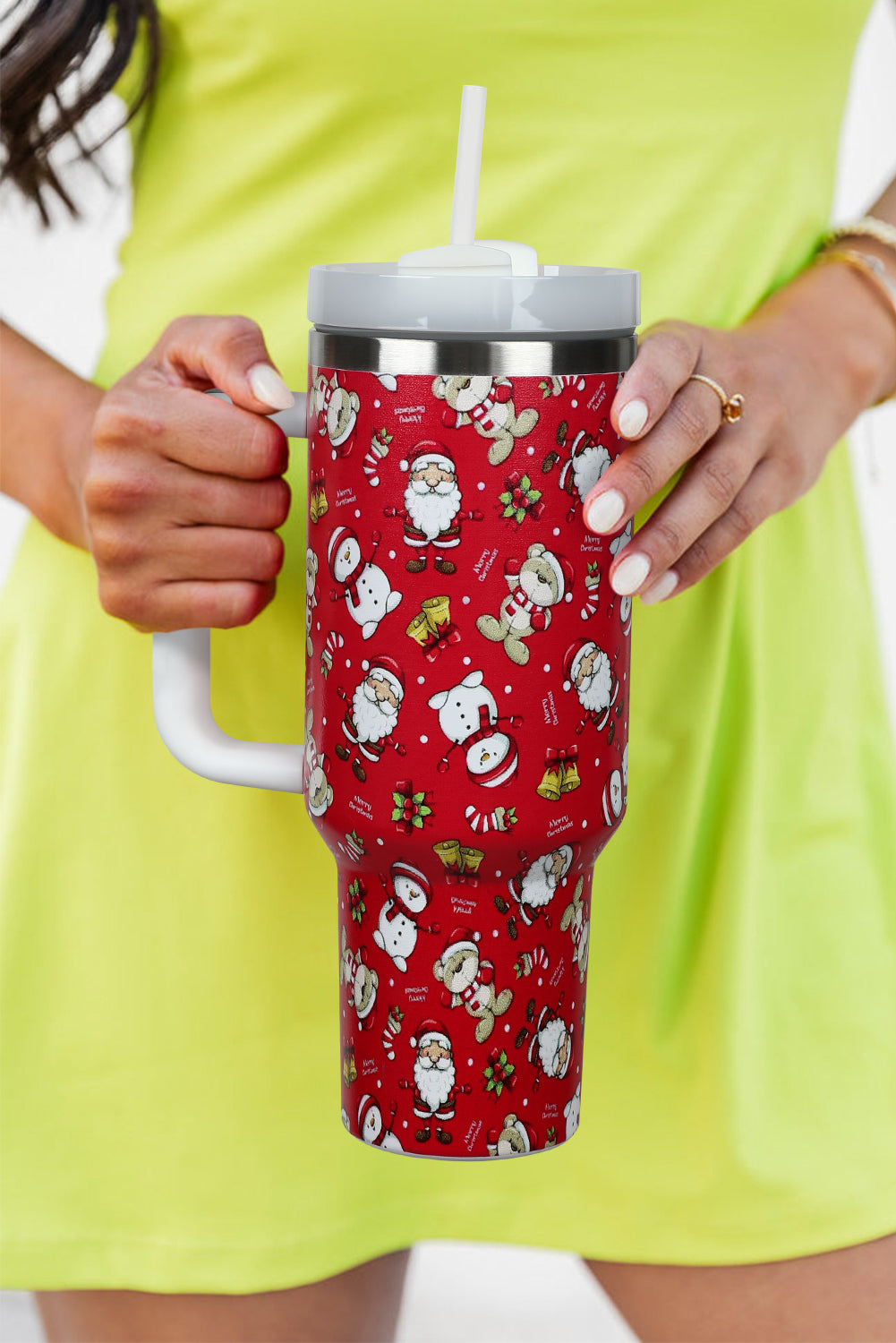 Fiery Red Christmas Pattern Print Handled Stainless Steel Tumblers