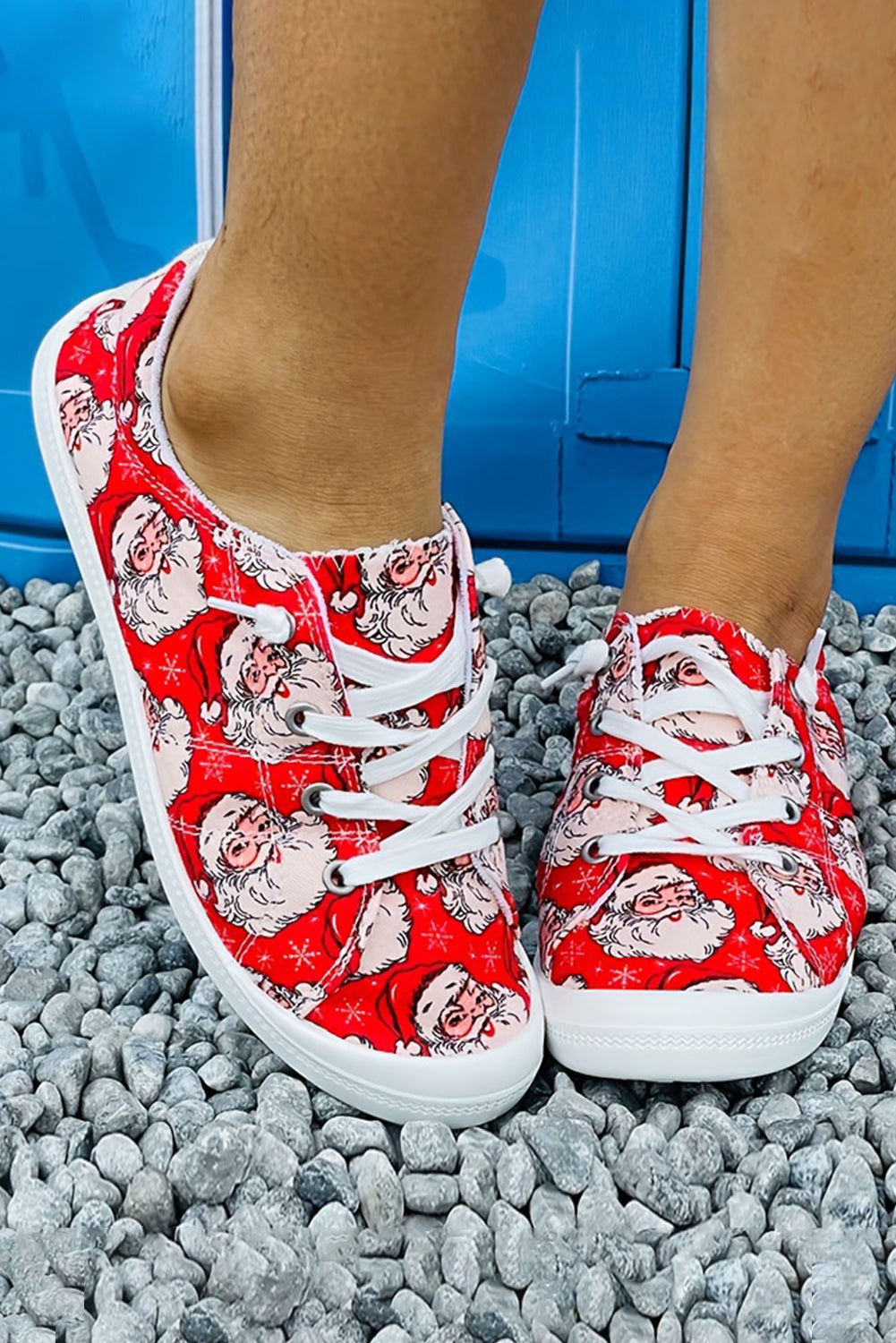 Fiery Red Santa Claus Printed Stitching Detail Flat Shoes