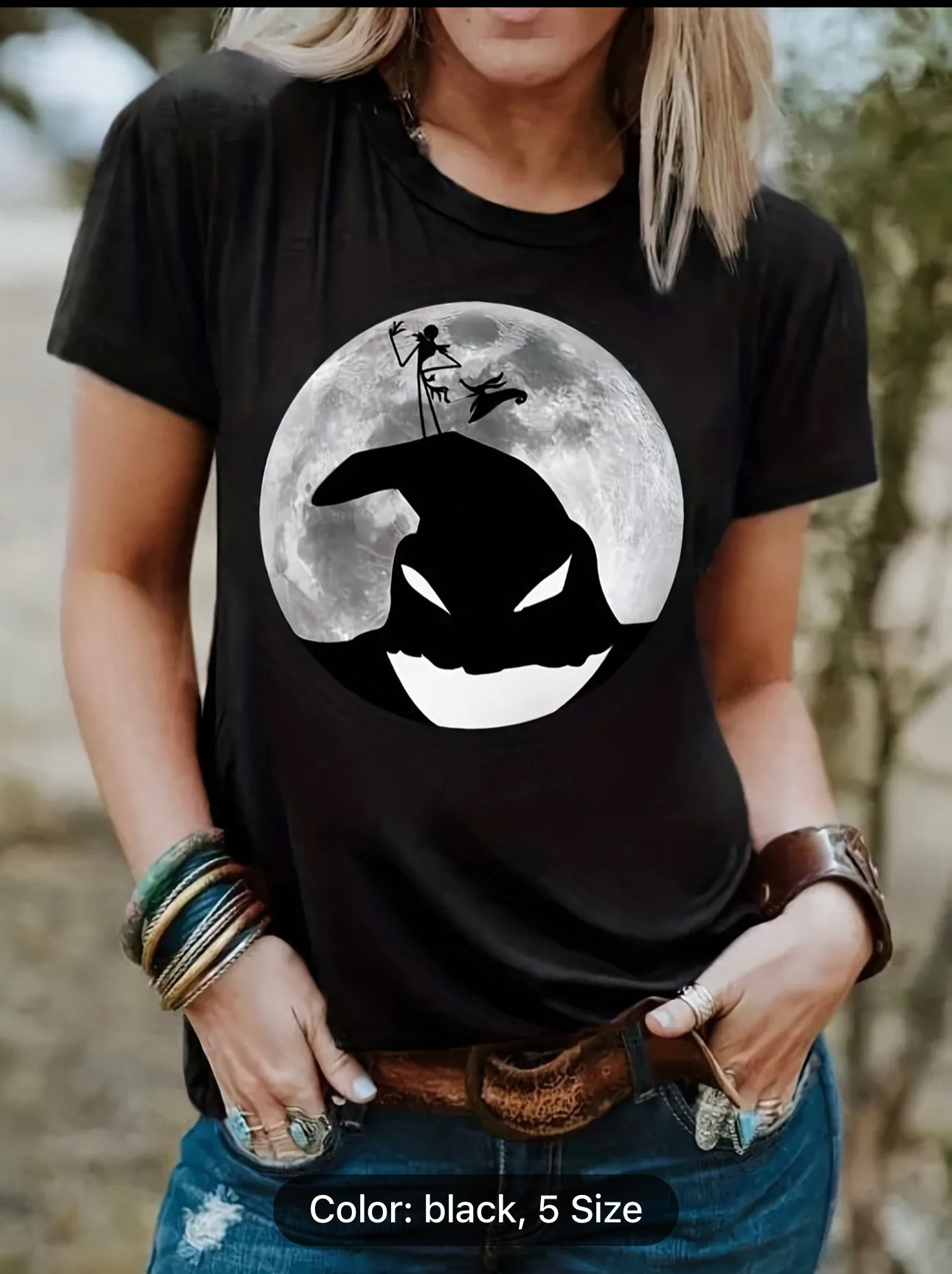 Halloween Nightmare Print Tee, Casual Short Sleeve Crew Neck T-shirt, Women's Clothing