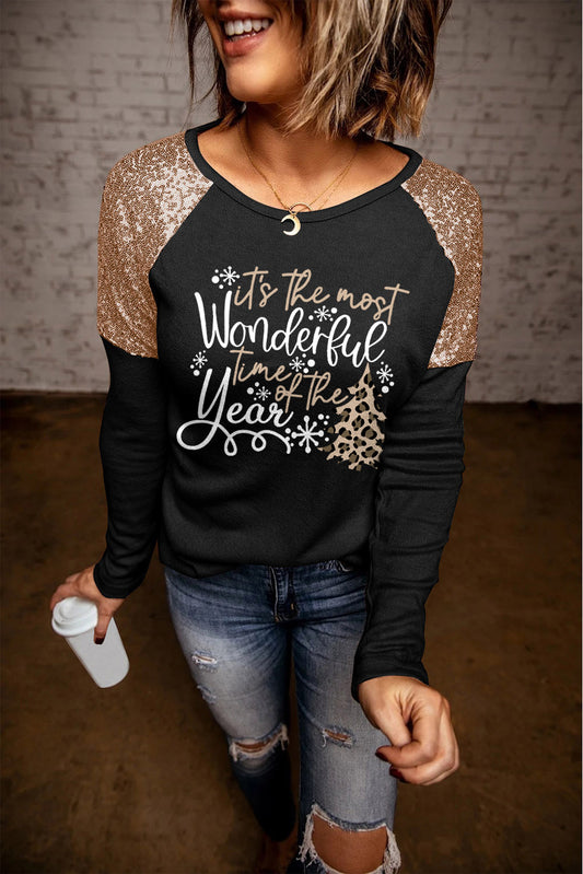 Wonderful Christmas Season Graphic Sequin Shoulder Top