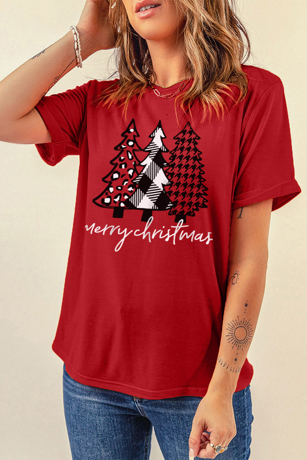 Red Merry Christmas Trees Graphic T Shirt