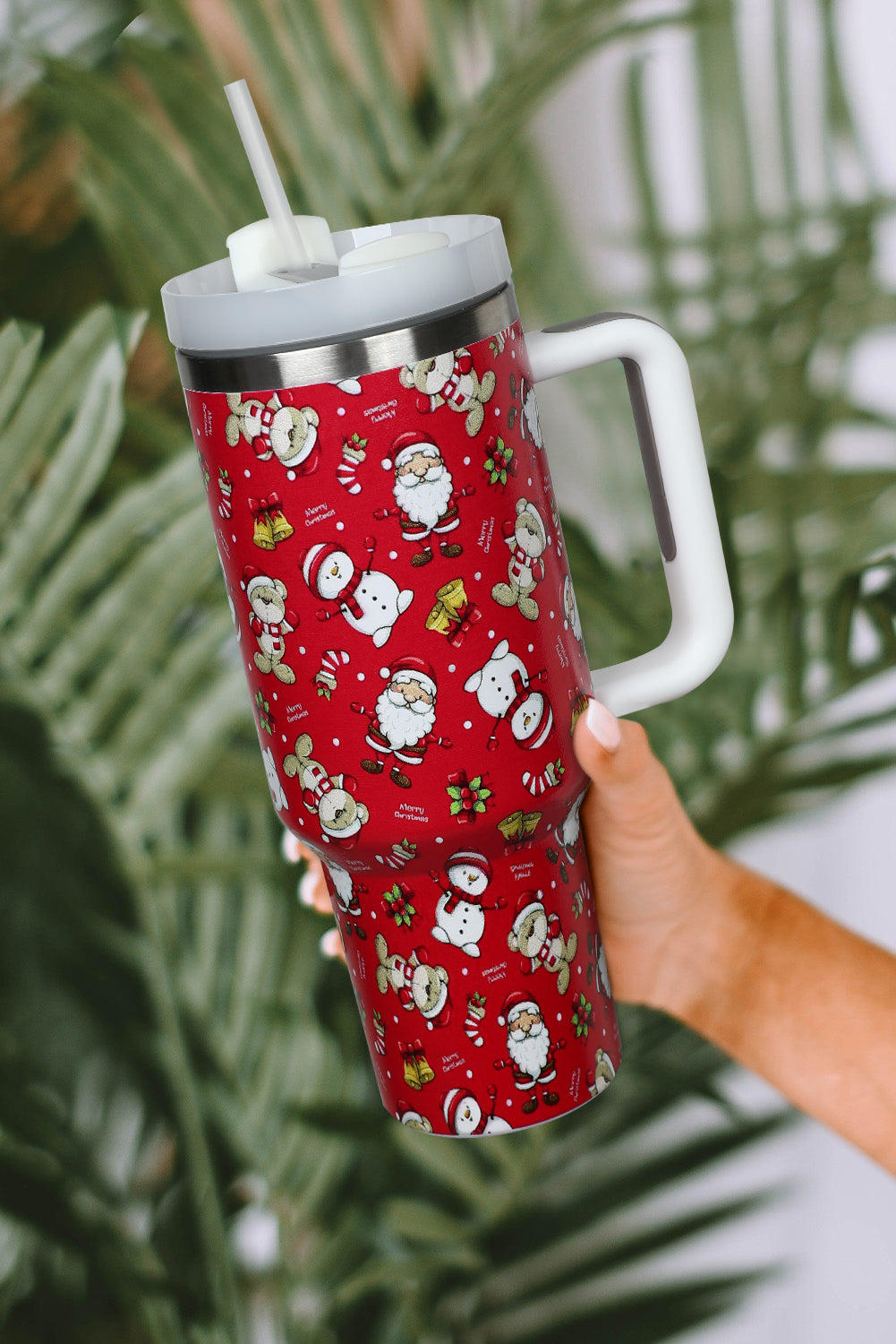 Fiery Red Christmas Pattern Print Handled Stainless Steel Tumblers