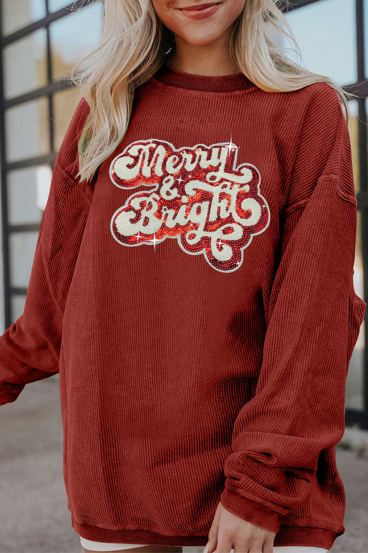 Racing Red Merry & Bright Sequin Ribbed Crew Neck Sweatshirt