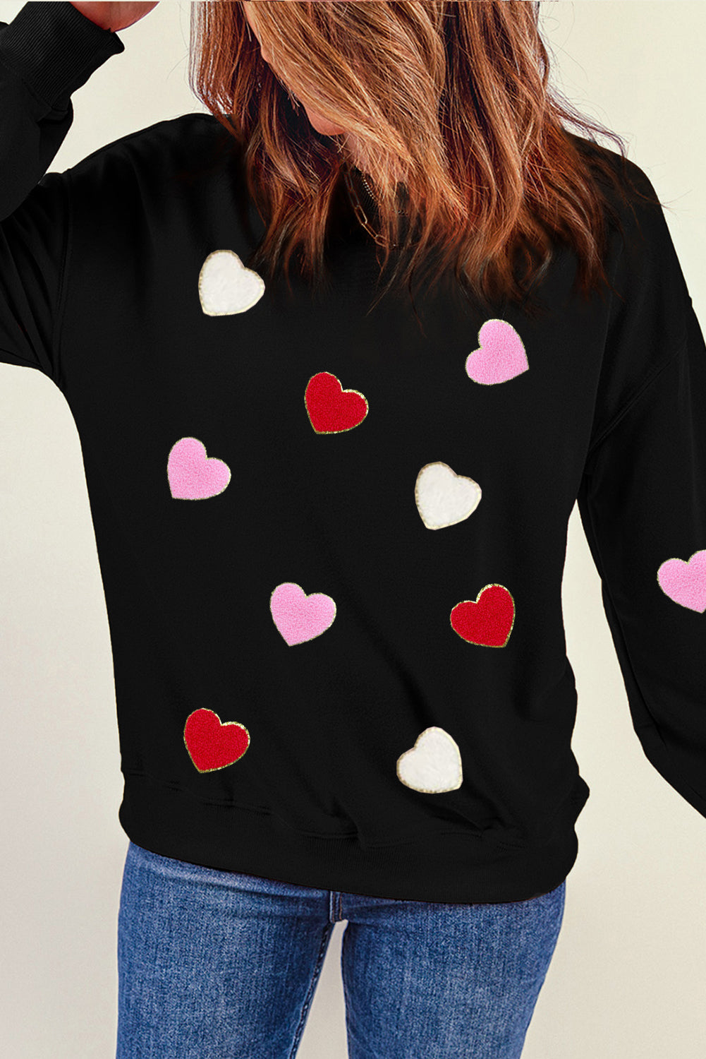 Black Heart Shaped Chenille Embroidered Crew Neck Sweatshirt