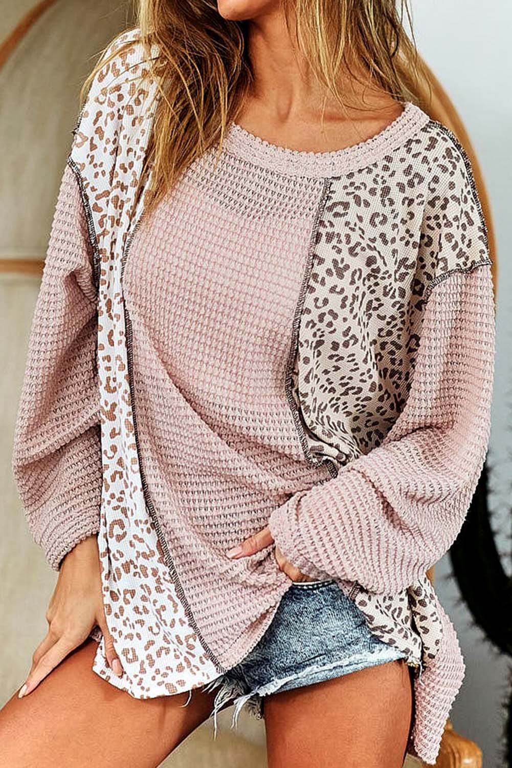 Pink Leopard Print Patch Textured Long Sleeve Top