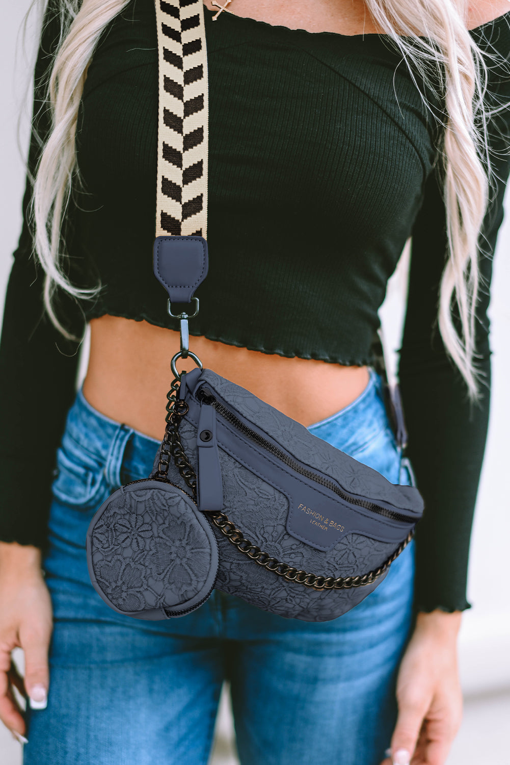 Dark Blue Colorblock Strap Chain Shoulder Bag With Coin Purse