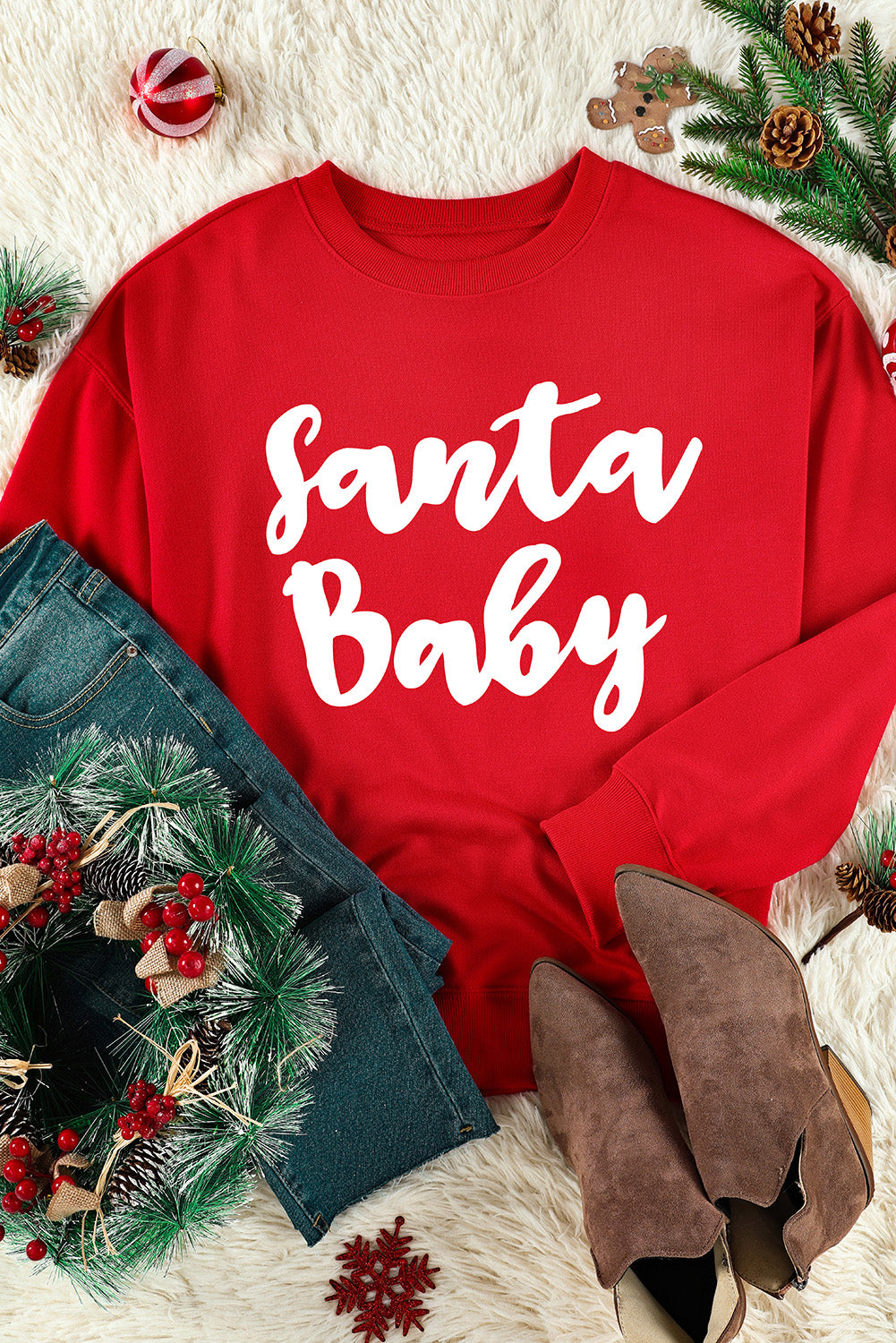 Red Santa Baby Print Crew Neck Pullover Sweatshirt