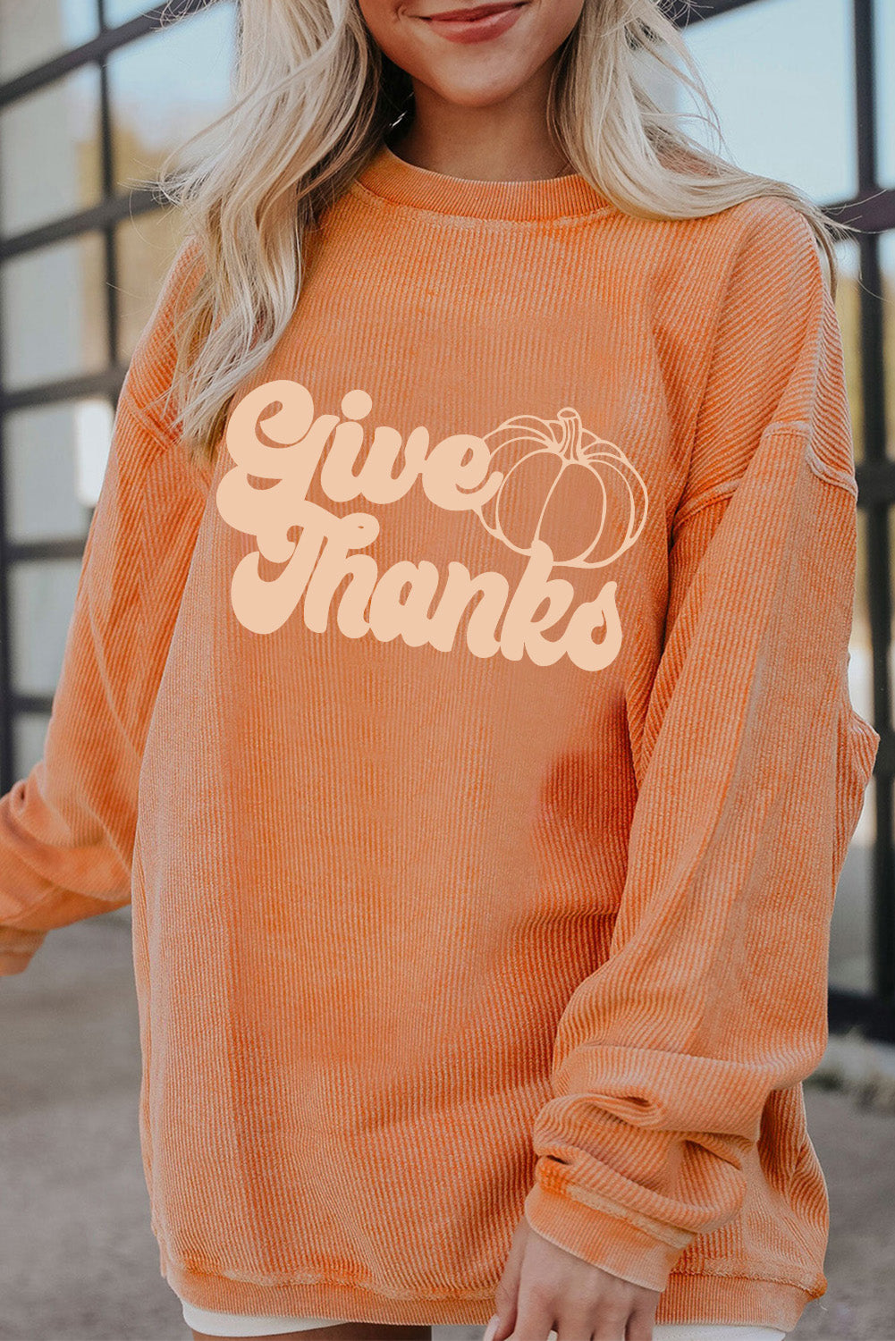 Orange Give Thanks Pumpkin Graphic Corded Sweatshirt