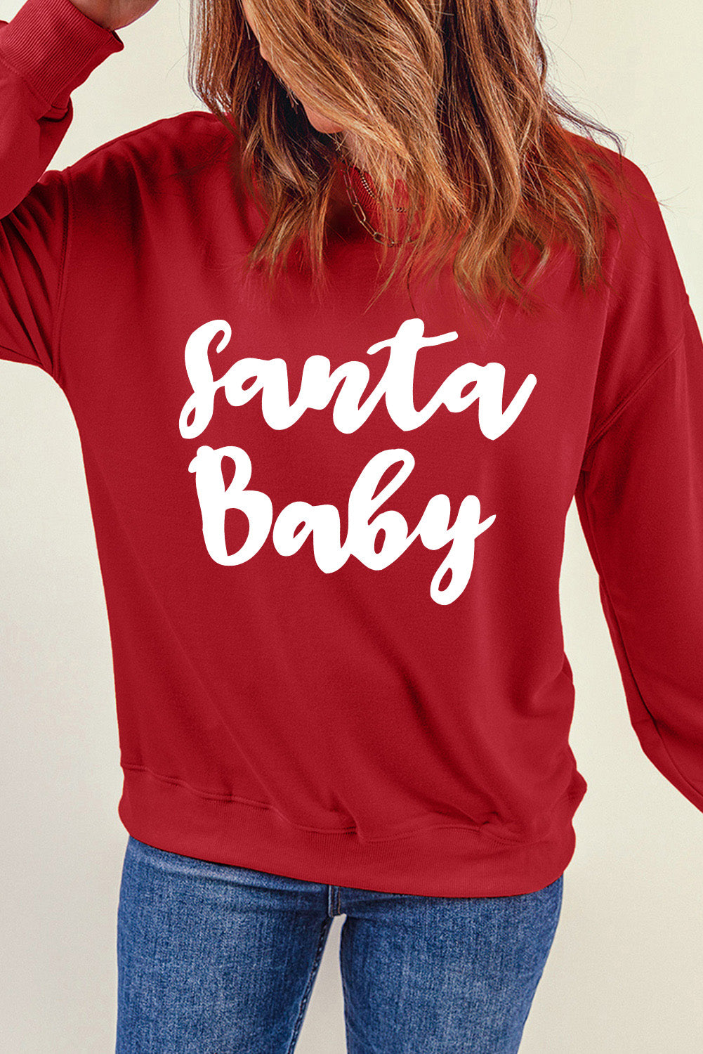 Red Santa Baby Print Crew Neck Pullover Sweatshirt