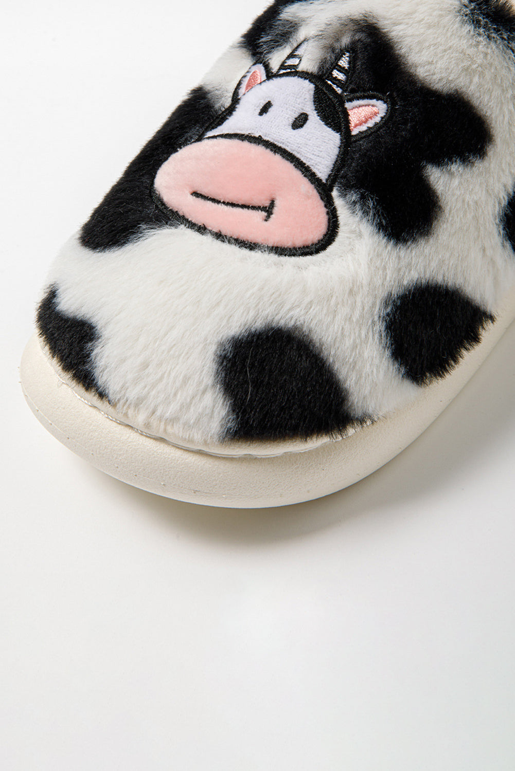 Bright White Cartoon Cow Embroidered Fuzzy Home Slippers