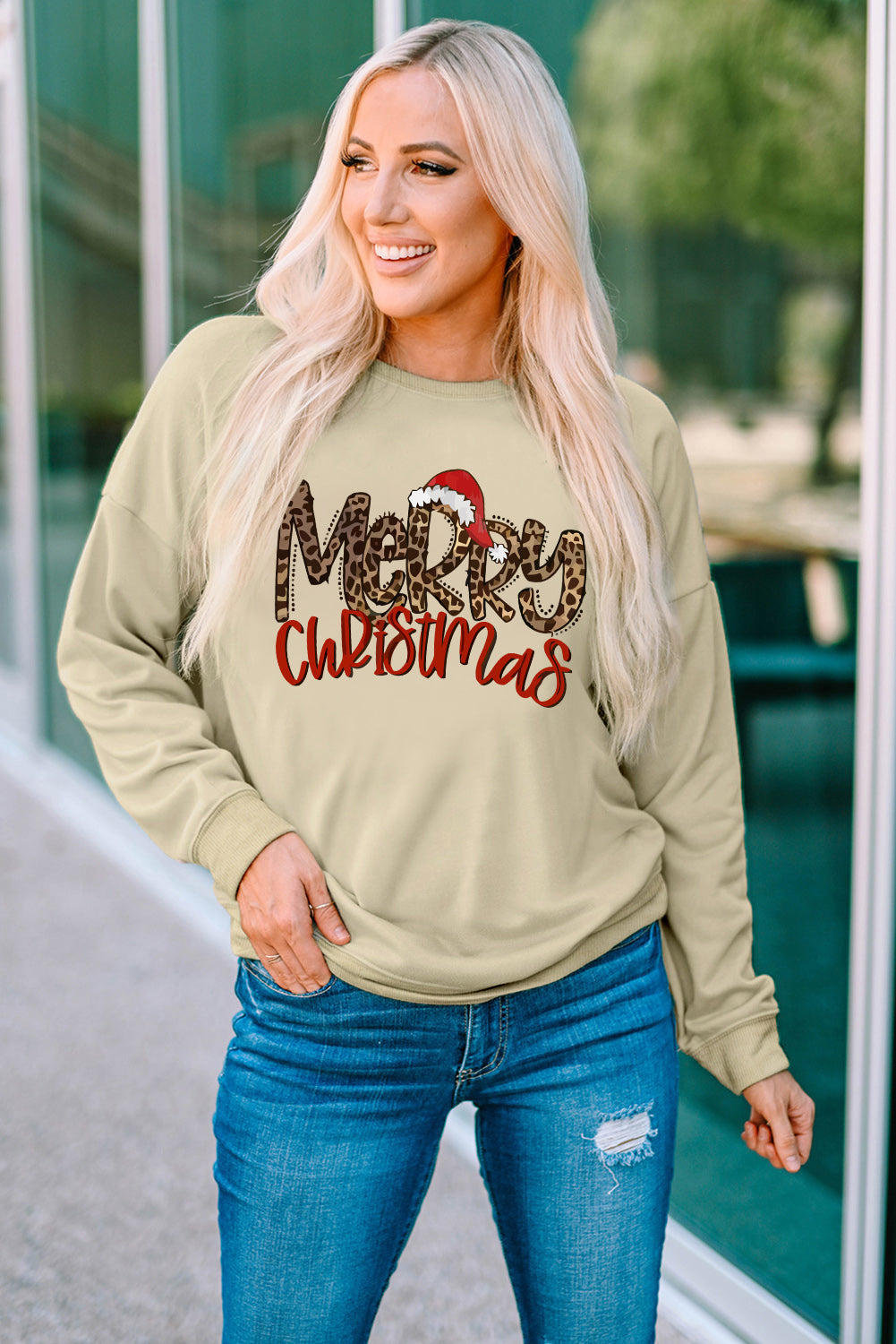 Khaki Merry Christmas Hat Leopard Print Graphic Sweatshirt