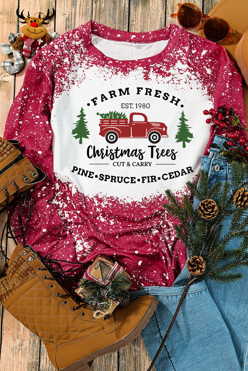 Red Christmas Tree Truck Splash Ink Print Graphic Sweatshirt