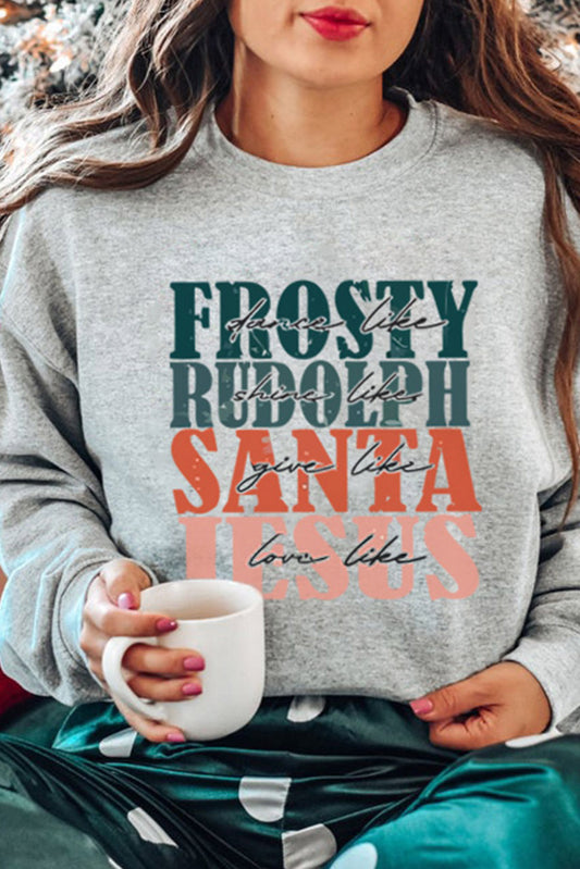 Frosty Rudolph Santa Jesus Graphic Long Sleeve Sweatshirt