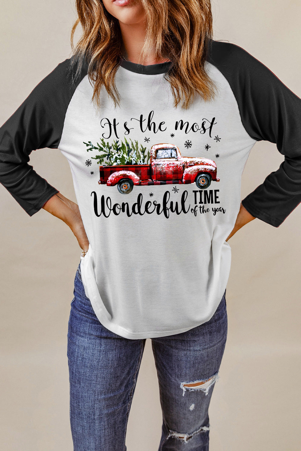 Christmas Truck Letter Graphic Print Color Block Top