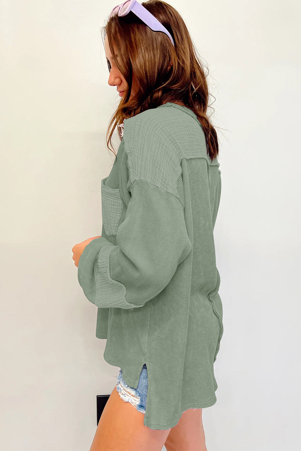 Laurel Green Exposed Seam Patchwork Bubble Sleeve Waffle Knit Top