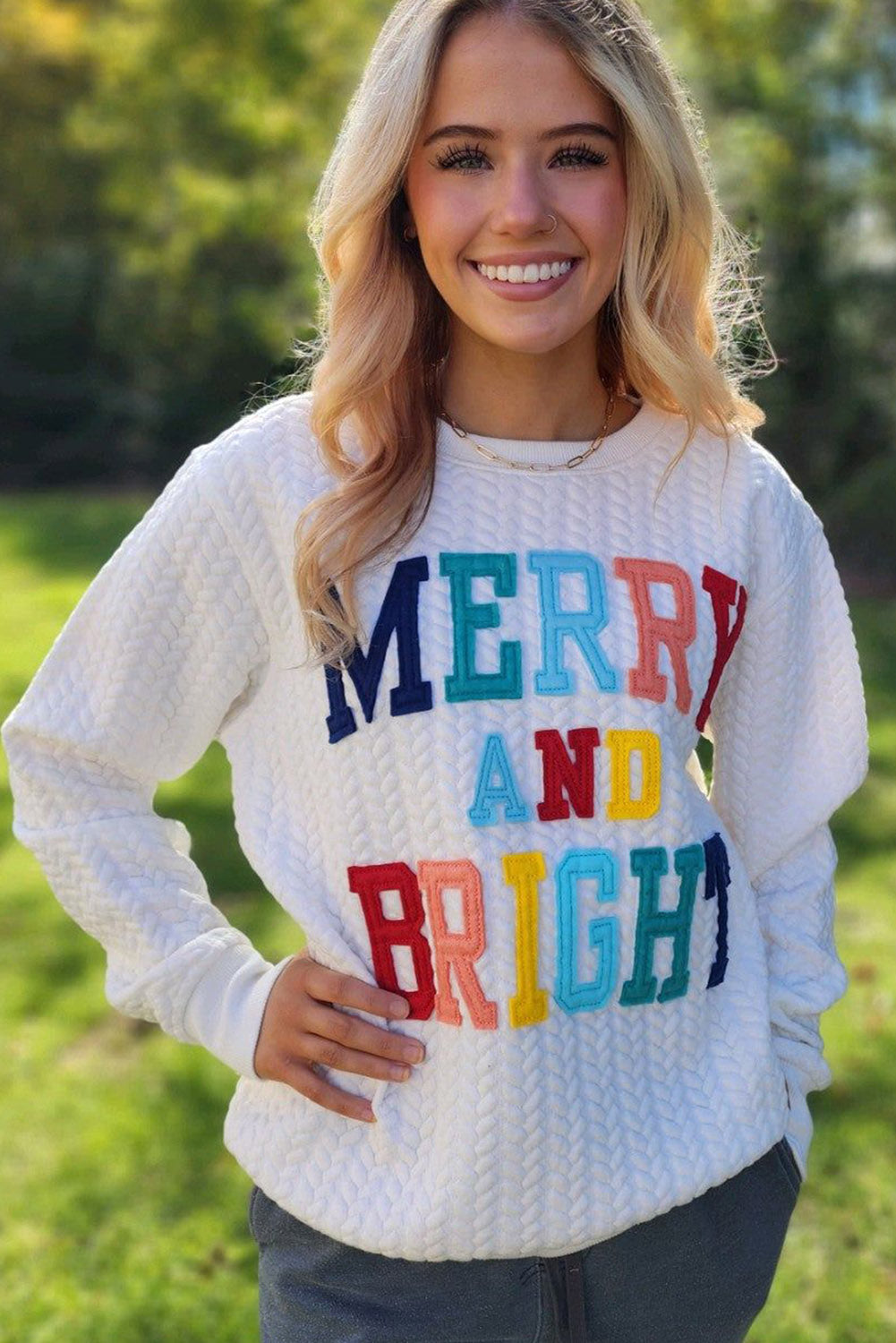 Bright White Merry And Bright Cable Knit Pullover Sweatshirt