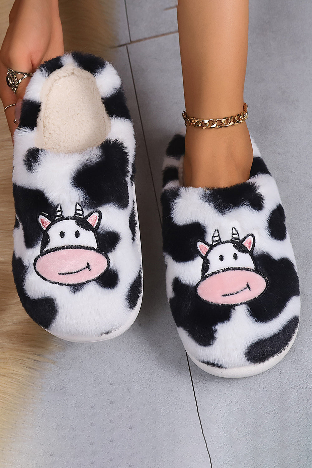 Bright White Cartoon Cow Embroidered Fuzzy Home Slippers