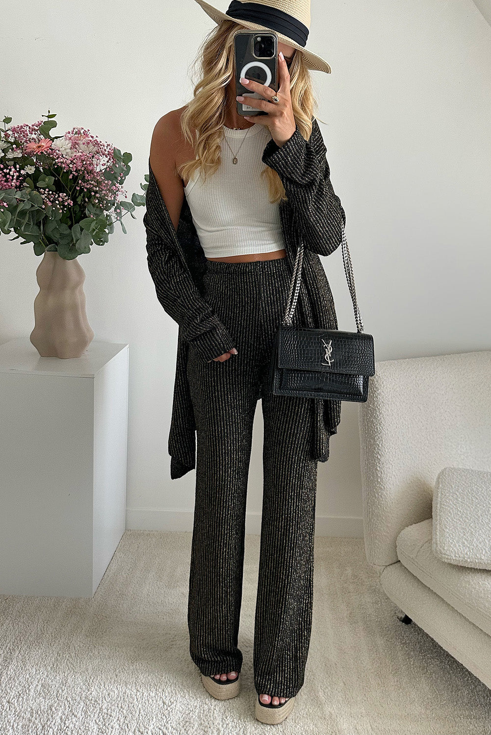 Black Metallic Ribbed Cardigan and Flare Pants Outfit