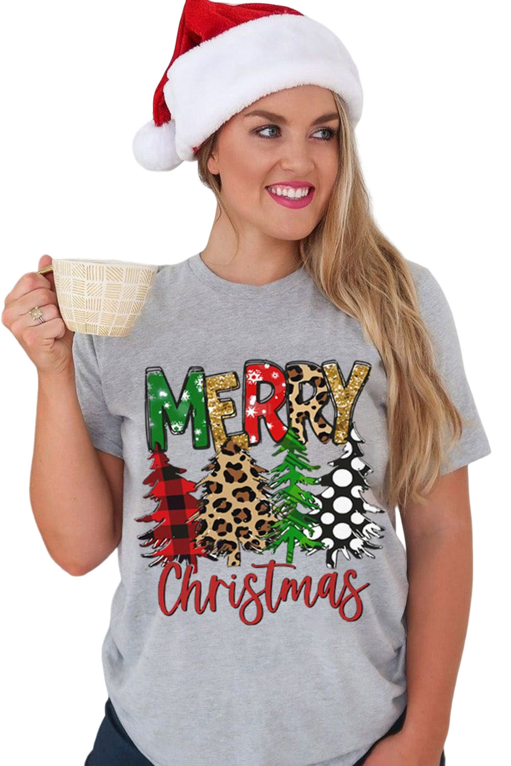 Merry Christmas Tree Pattern Print Crew Neck Graphic Tee