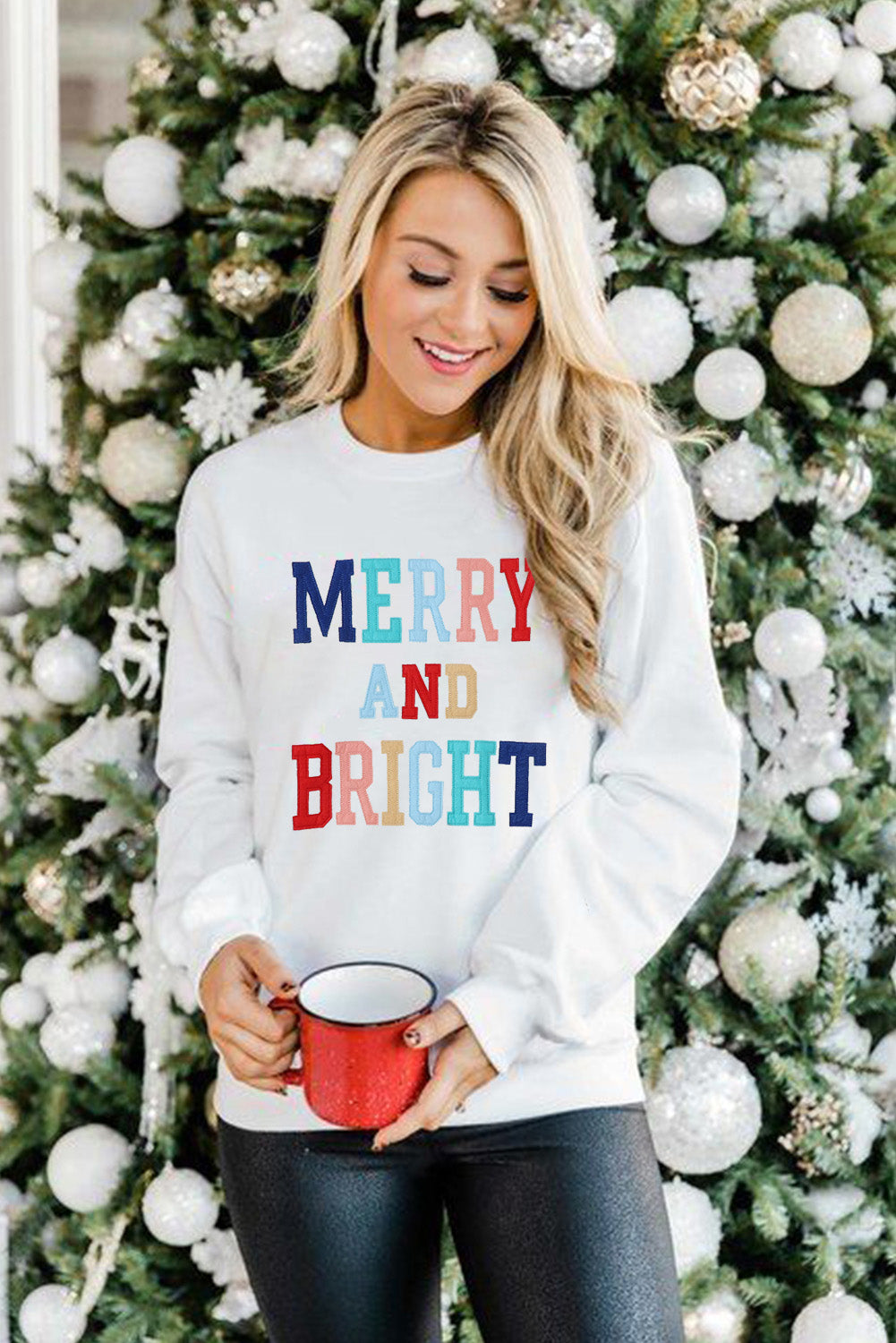 White MERRY AND BRIGHT Stitching Graphic Sweatshirt