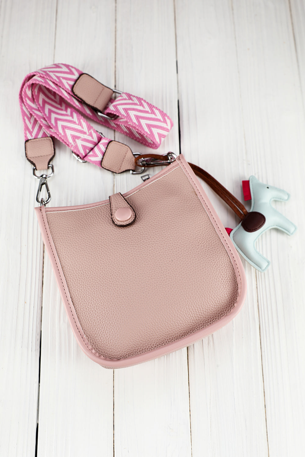 Pink Striped Strap PU Leather Square Crossbody Bag