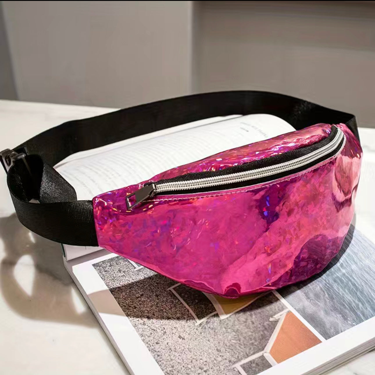 Trendy Streetwear Sequin Glossy Chest Bag, PU Leather Fanny Pack, Portable Versatile Waist Bag