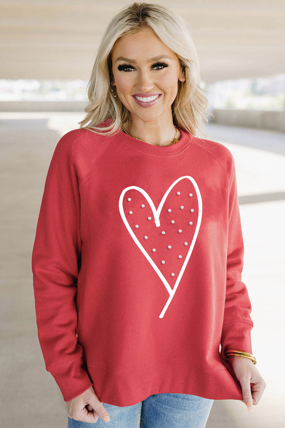 Red Valentine Heart Beaded Graphic Sweatshirt