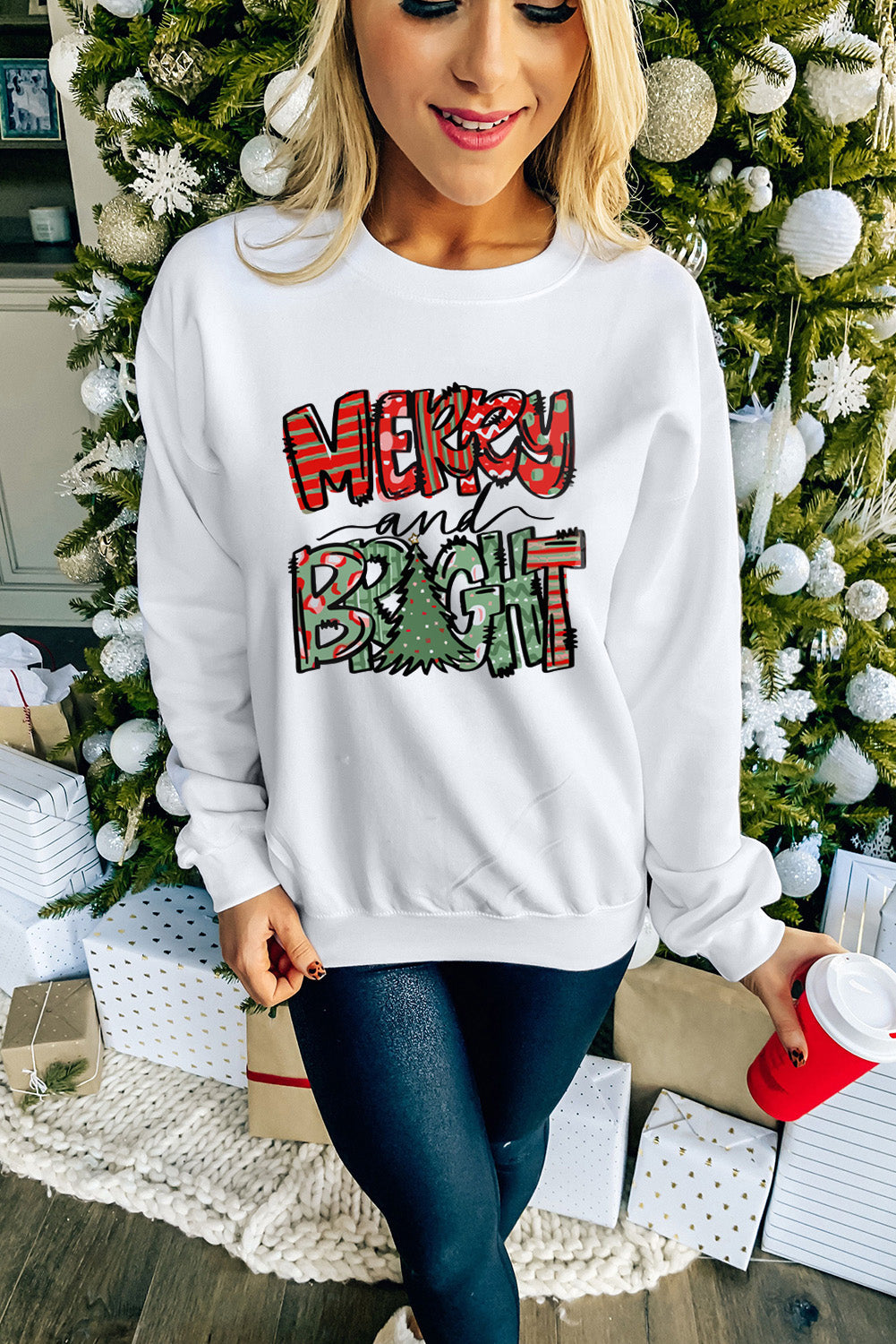 Merry Bright Christmas Graphic Print Pullover Sweatshirt