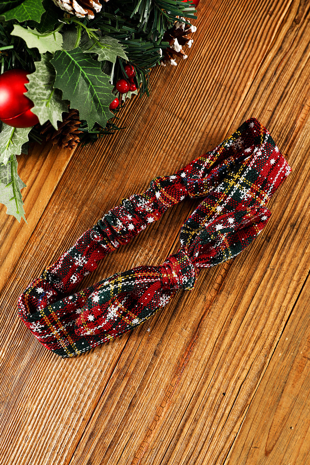 Burgundy Christmas Plaid Snowflake Print Bow Hair Tie