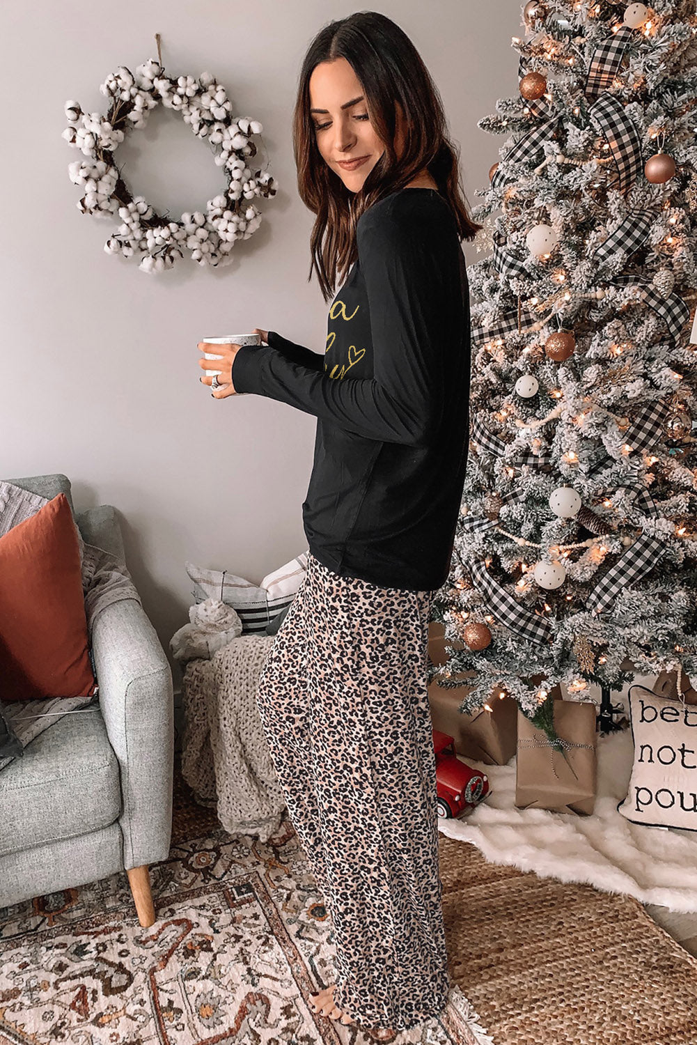 Santa Baby Leopard Print Long Sleeve Wide Leg Lounge Set